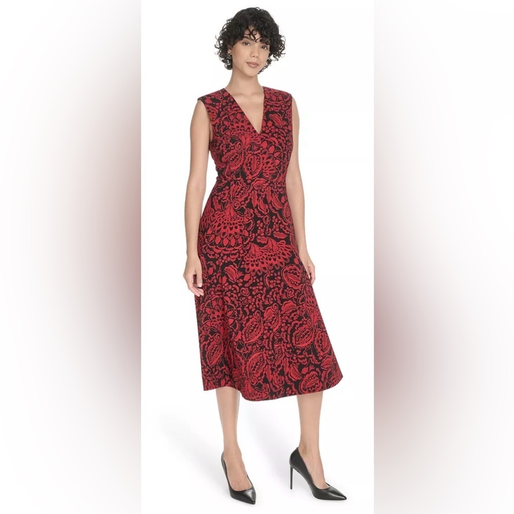 Tommy Hilfiger Red and Black Patterned Fit and Flare Dress NWT 16